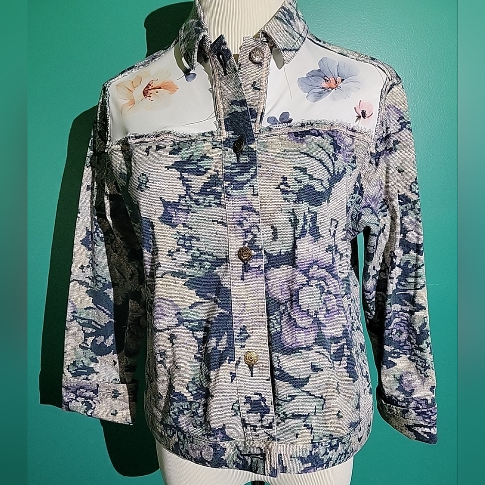 VTG WESTBOUND Women Petite Sz PL Blue Floral Upcycle Stretch Jacket Granola OOAK